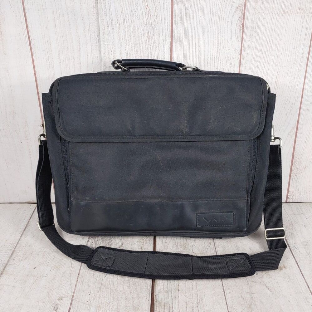 Vintage Sony VAIO Laptop Messenger Bag Briefcase Multi-Pocket Black Strap USED